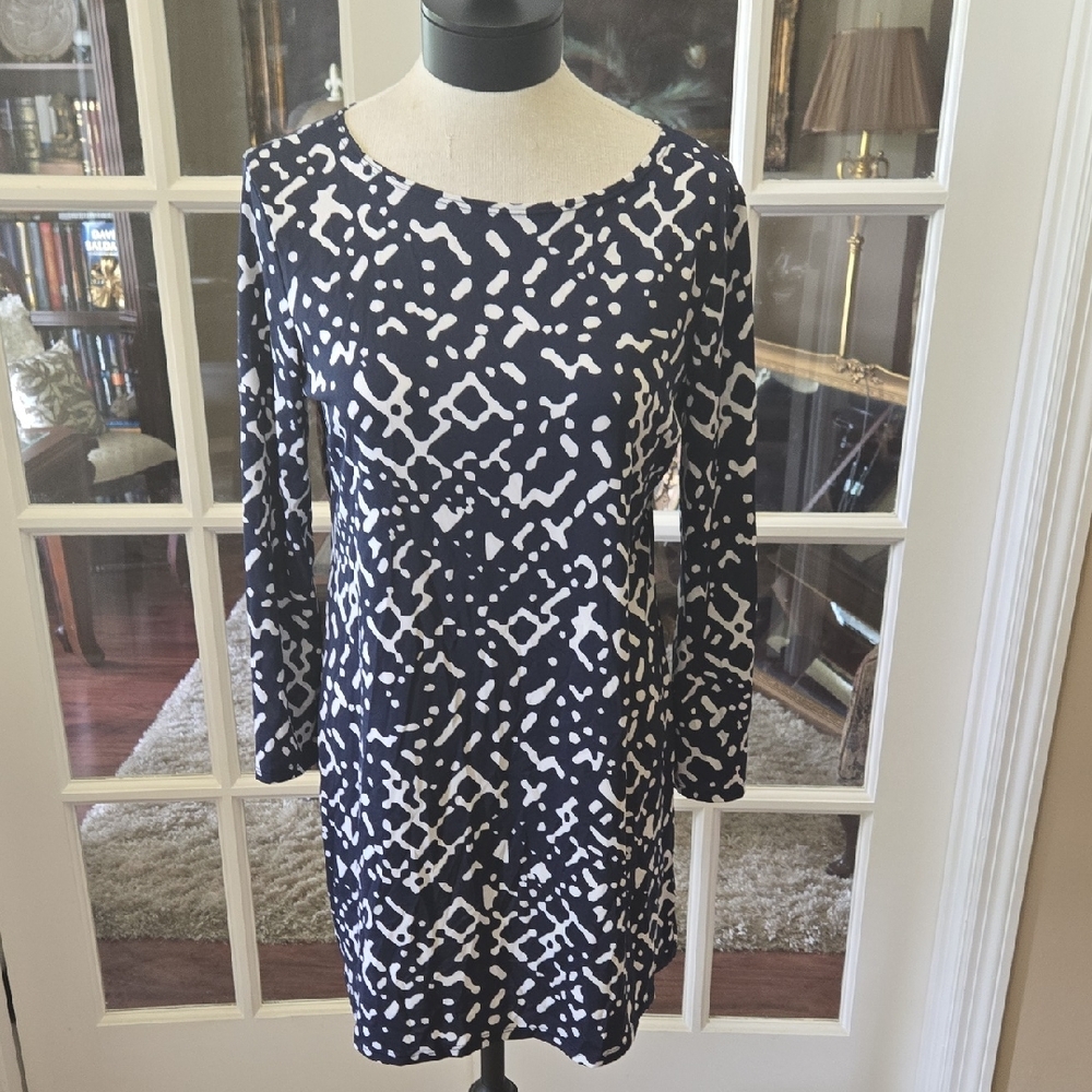 Sunny Leigh Navy White Sheath Dress 3/4 Sleeve Bateau Neckline Stretch Large EUC
